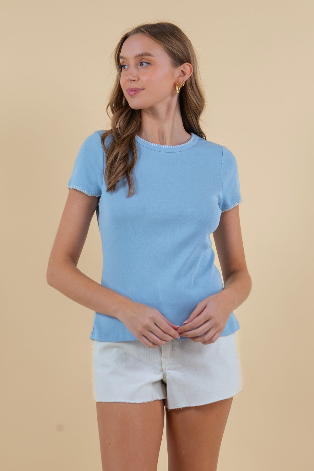 Whipstitch Detail Cotton Jersey Tee Powder Blue