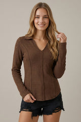 Stitched Out Seam Detail Long Sleeve Collared TOp Brown