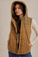 Corduroy Mixed Plaid Puffer Vest Mustard