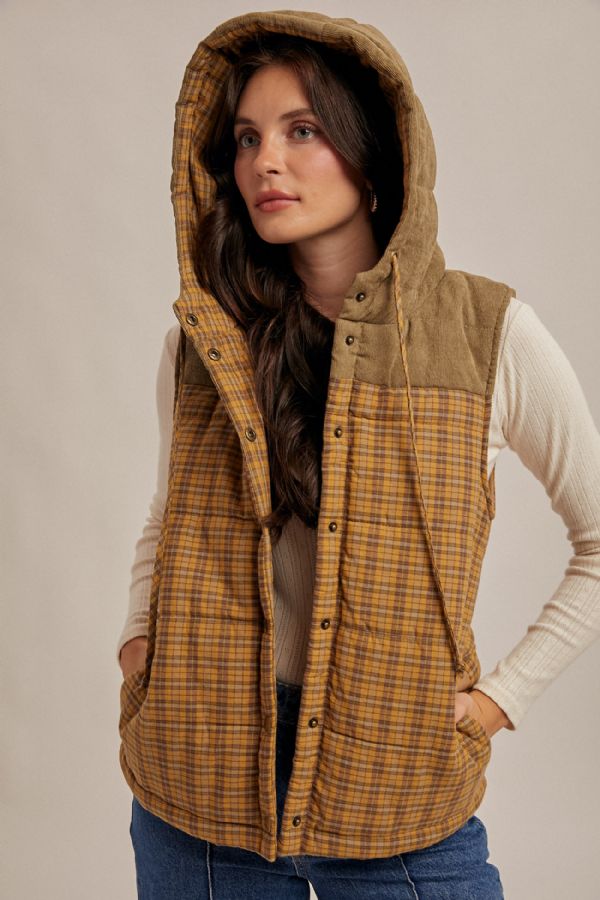 Corduroy Mixed Plaid Puffer Vest Mustard