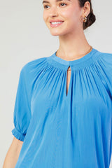 Smocked Trimmed Neck Half Balloon Sleeve Blouse Faded Blue