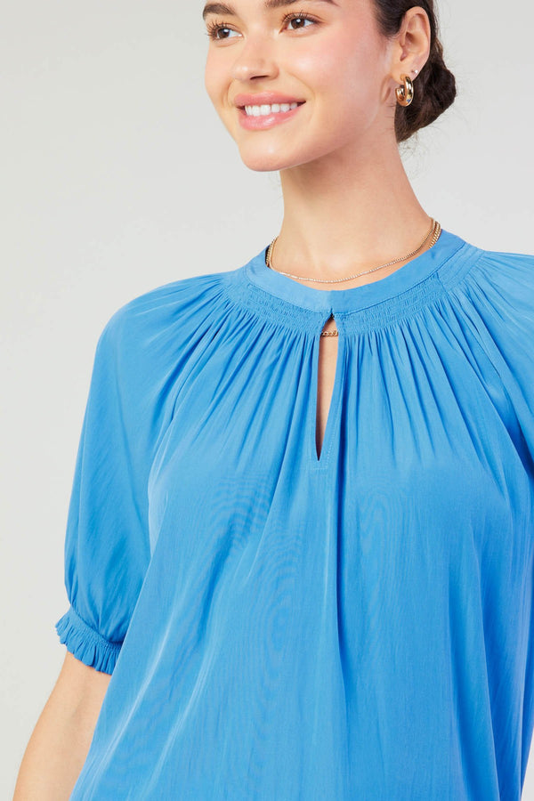 Smocked Trimmed Neck Half Balloon Sleeve Blouse Faded Blue