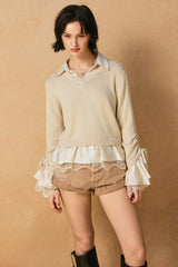 Satin Lace Shirt Tie Sleeve Sweater Cream + Champagne