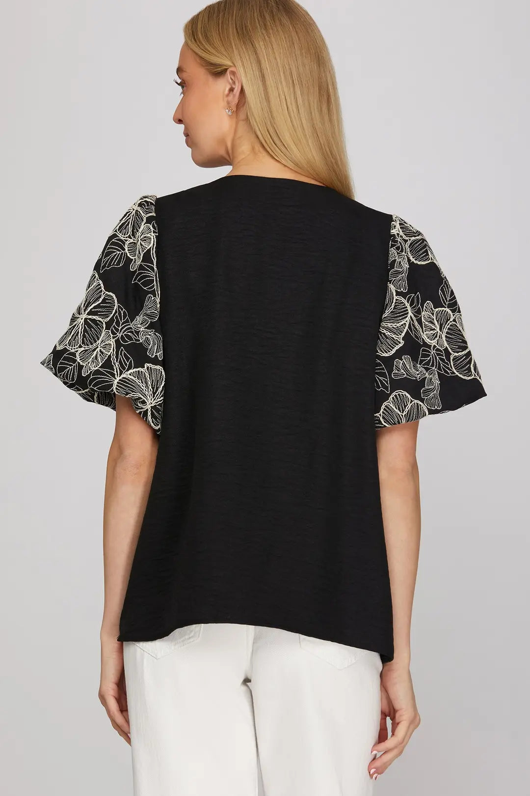 Short Embroidered Puff Sleeve Lace Trim Top Black
