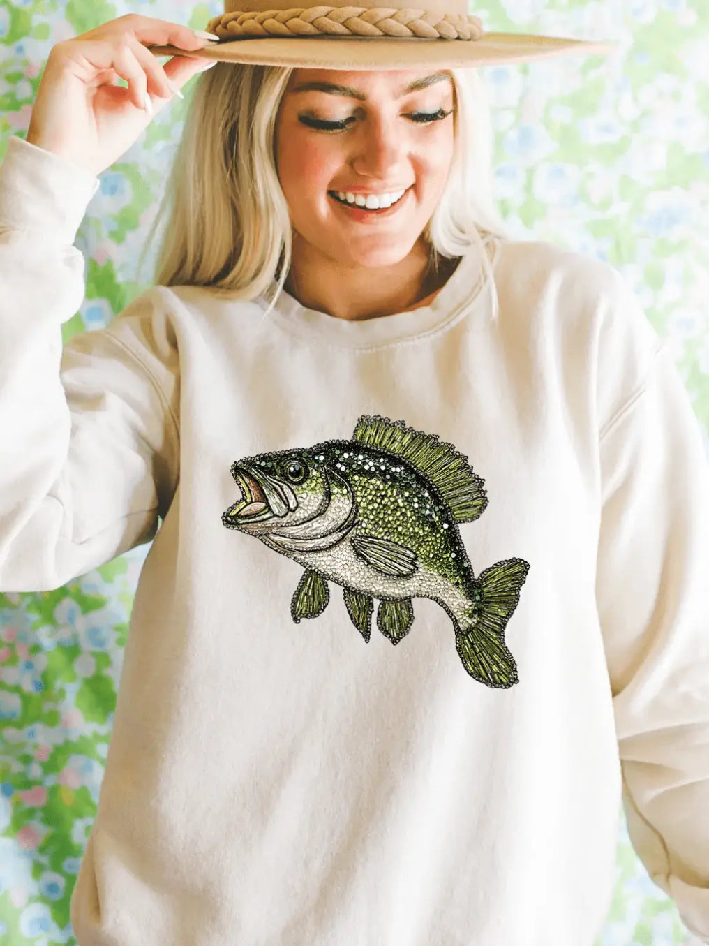 Faux Rhinestone Bass Sweatshirt Cream