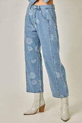Daisy Printed Barrel Denim Pants Light Denim Blue