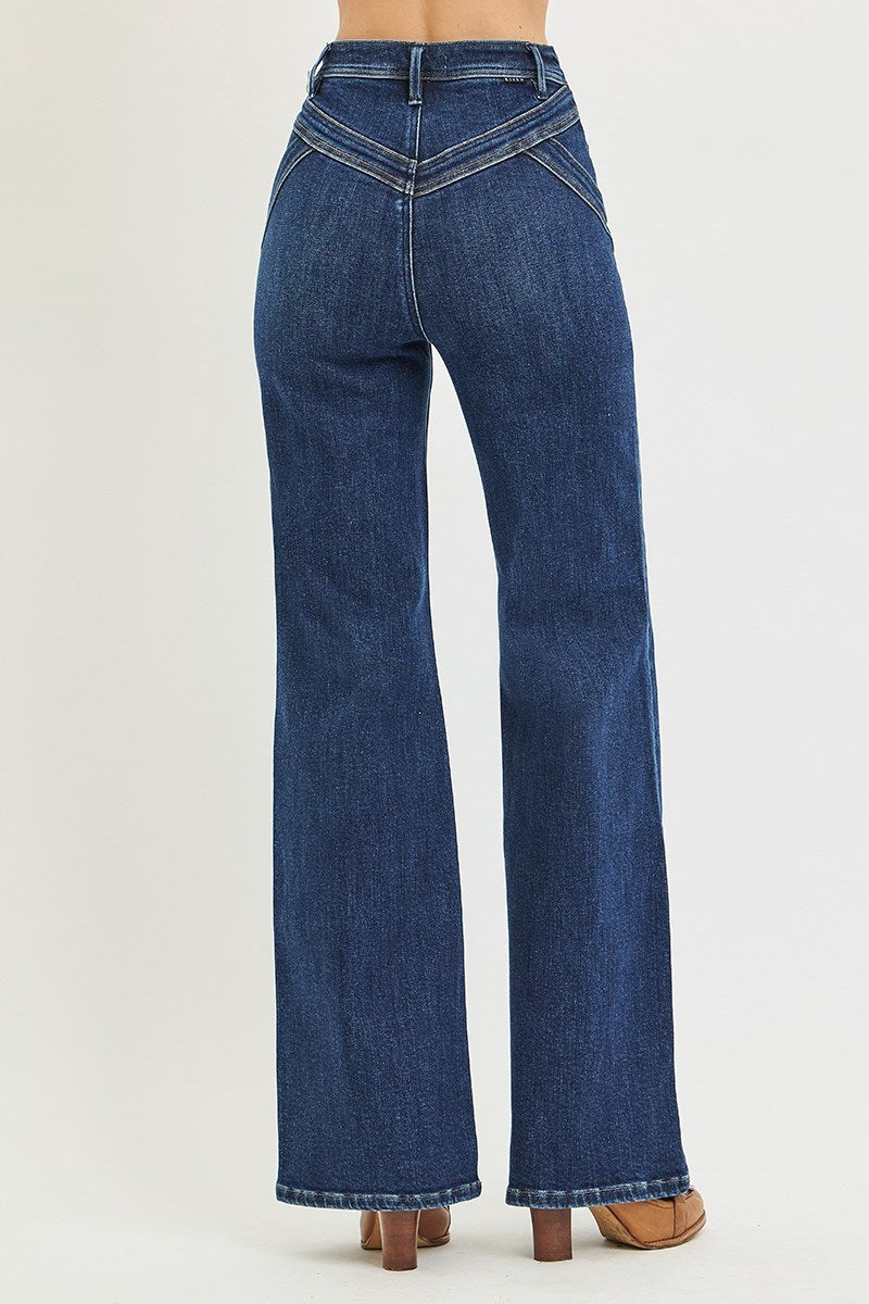 High Rise Wide Leg Western Yoke Detail Jeans Dark