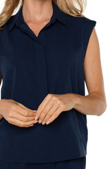 Elastic Waist Sleeveless Collared Shirt Dark Navy