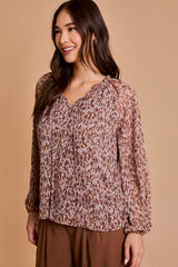 Long Sleeve Tie Neck Abstract Leopard Print Blouse Mocha Abstract