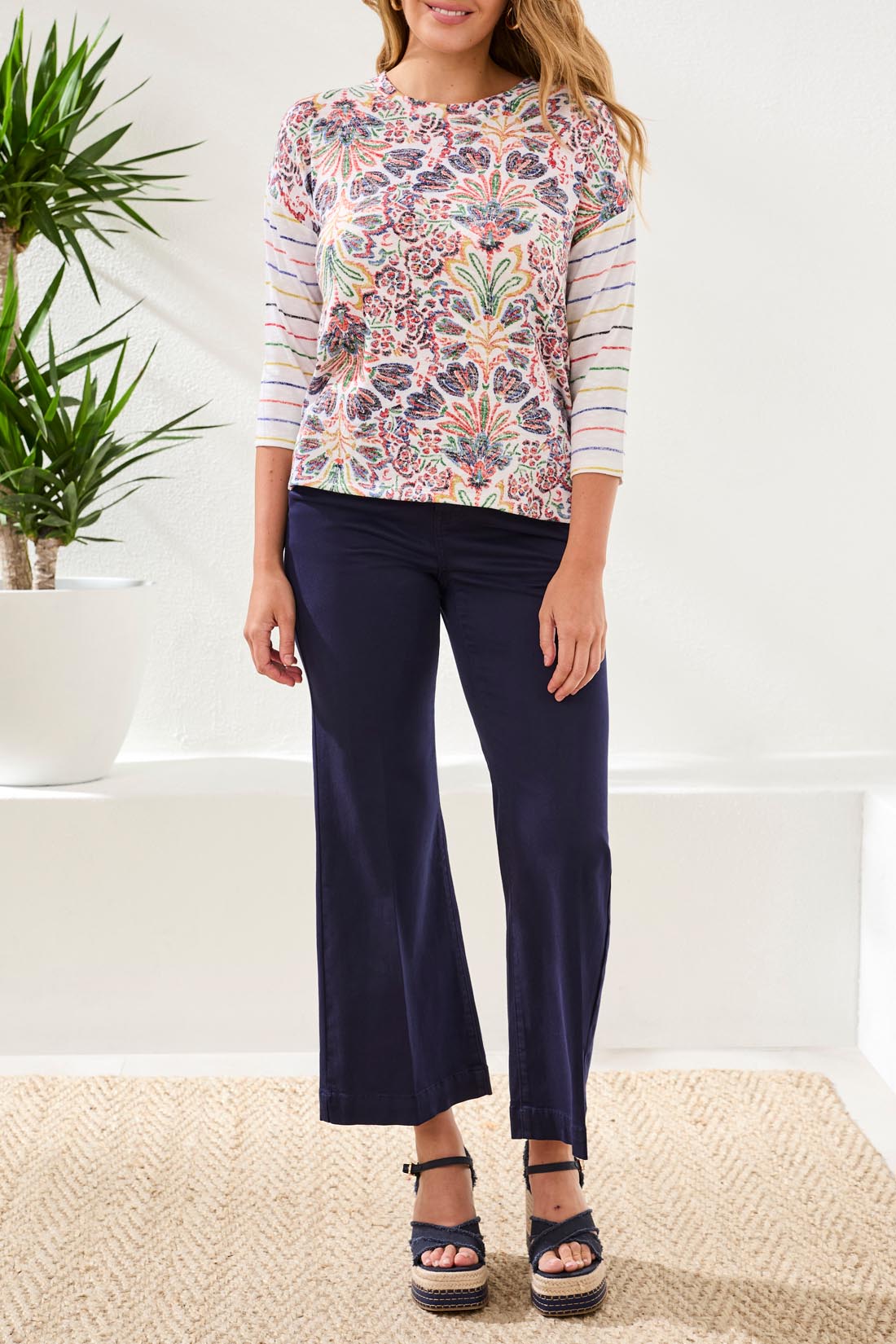 3/4 Sleeve Crew Neck Printed Top Coral Red