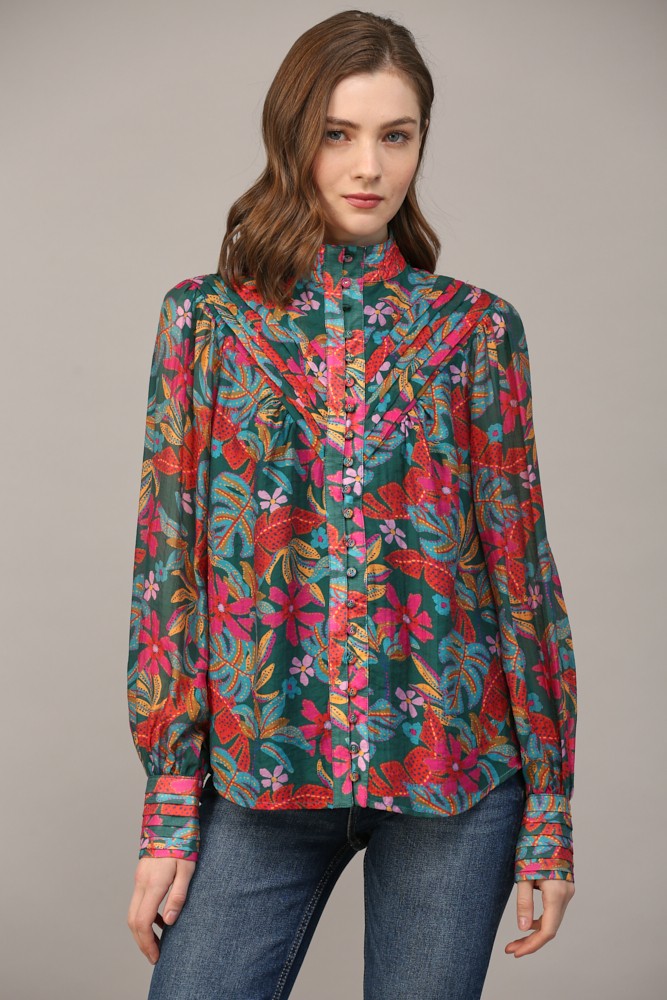 Tucked Yoke Standing Collar Printed Blouse Teal Green Multi