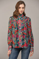Tucked Yoke Standing Collar Printed Blouse Teal Green Multi