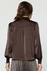 Satin Tie Neck Smock Cuff Blouse Brown