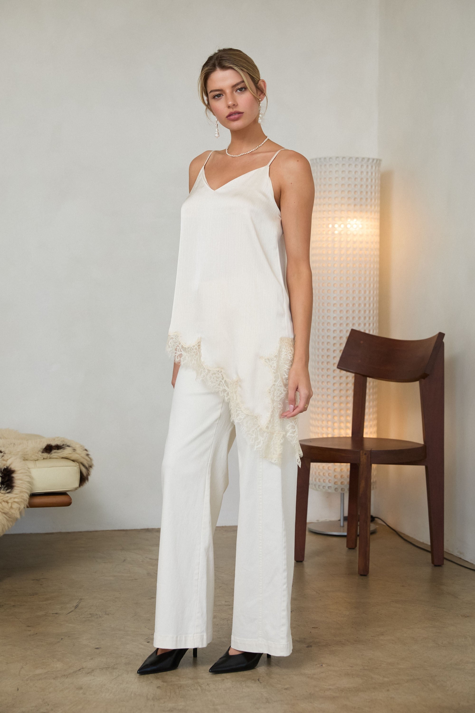 Asymmetric Hem Crinkle Satin Cami Tunic Ivory