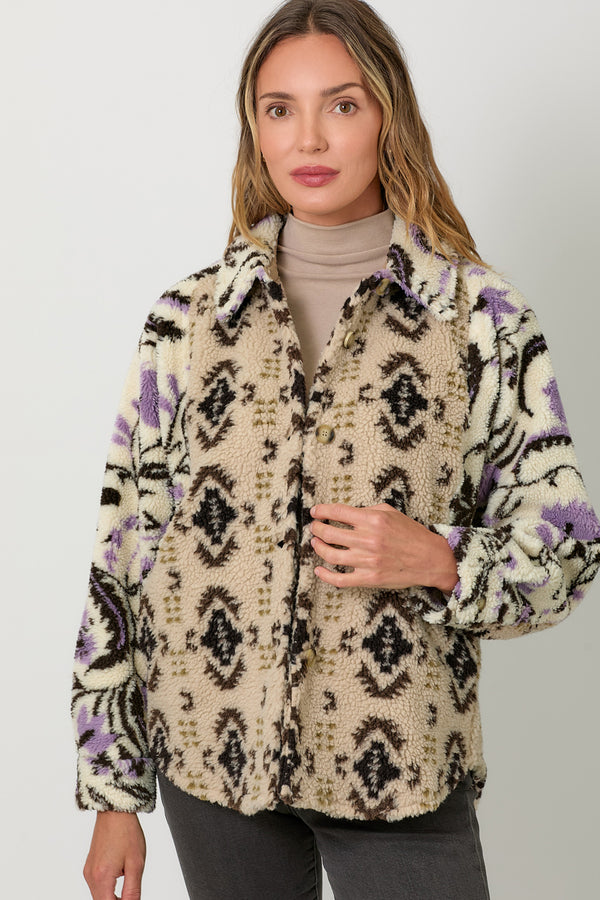 Mix Print Floral Sherpa Button Down Jacket Oatmeal