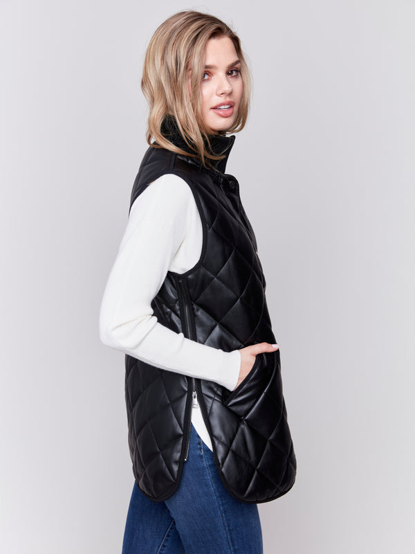 Long Quilted Leather Vest Black