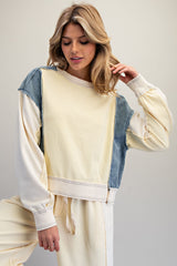 Frayed Colorblock Long Sleeve Pullover Lemon Cream