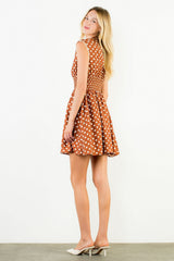 Polka Dot Smock Waist Crochet Trim Midi Dress Rust