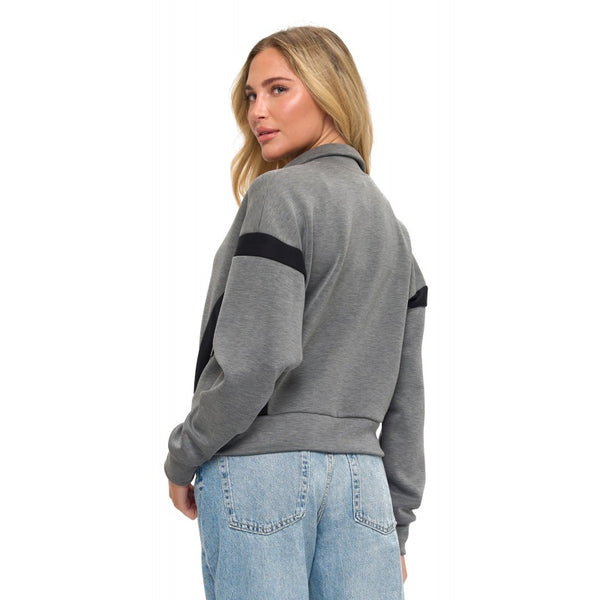 Contrast Panel Stripe Scuba Bomber Jacket Charcoal + Black