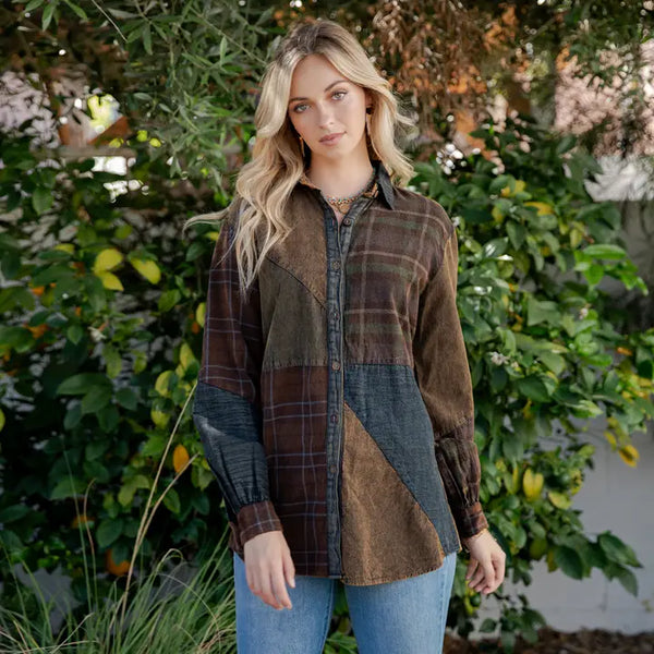 Boho Patch Medley Button Up Shirt Amber