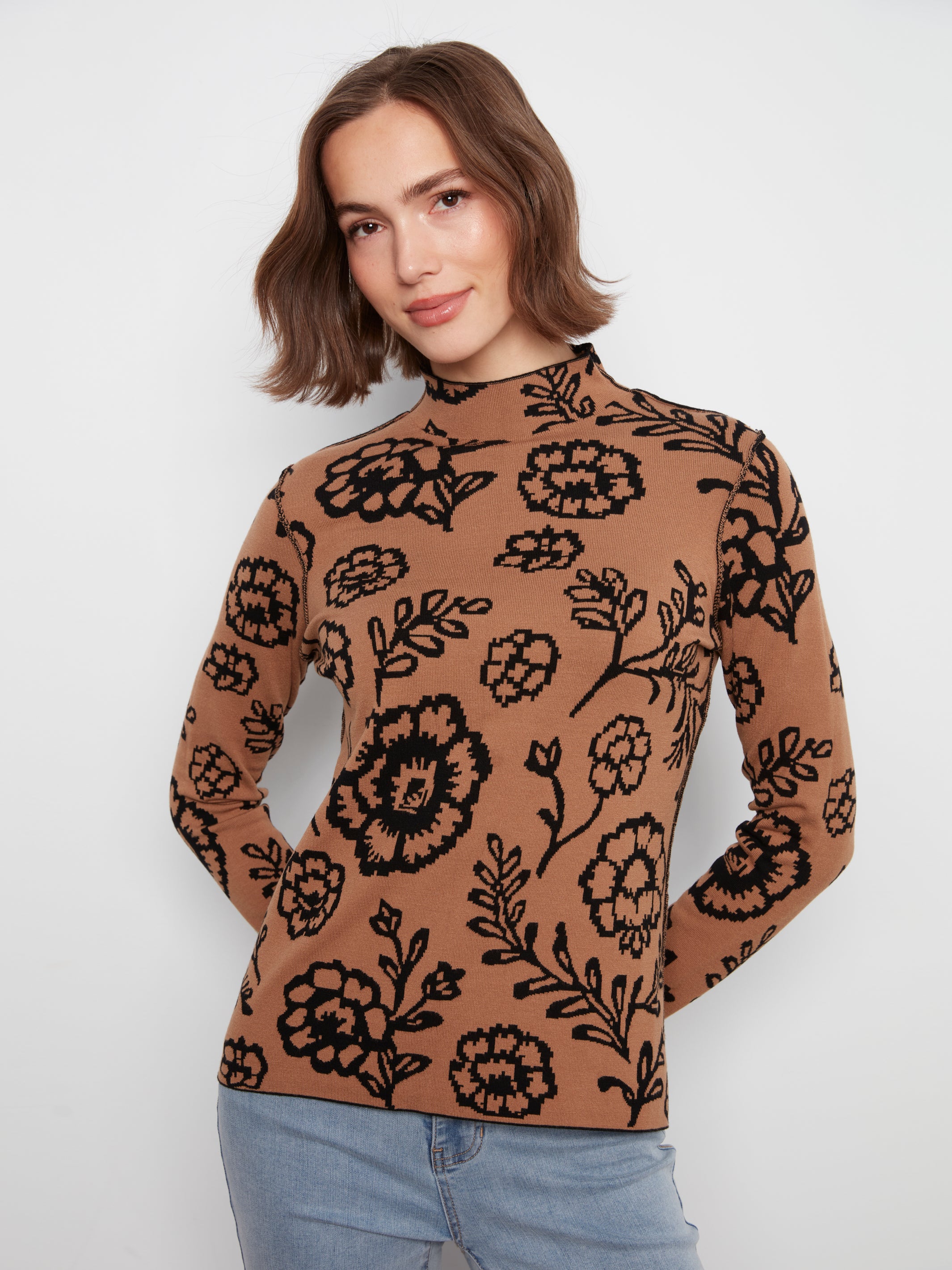 Contrast Floral Reversible Mock Neck Sweater Ember
