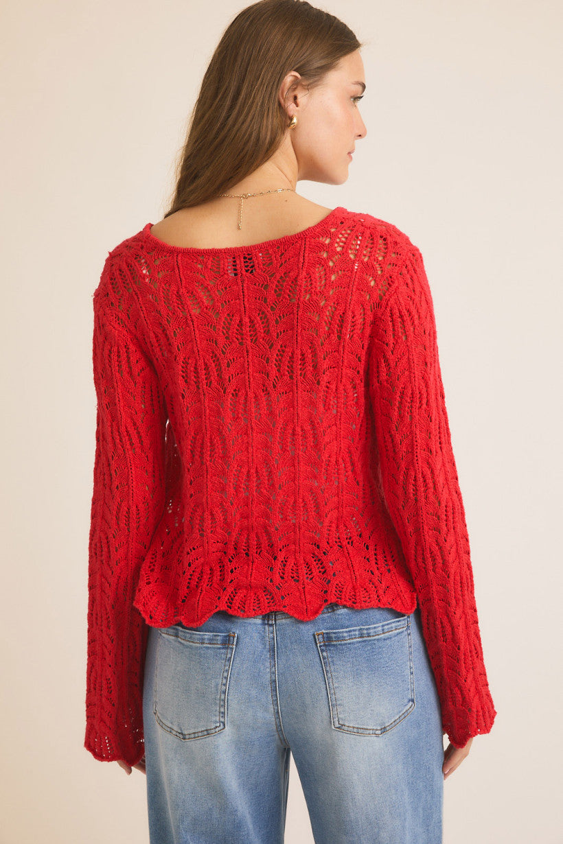 Front Tie Bell Sleeve Open Knit Cardi Berry