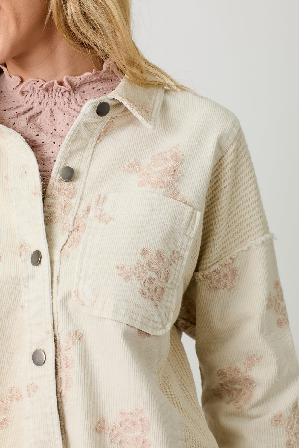 Flower Emb. Waffle Corduroy Mix Hoodie Jacket