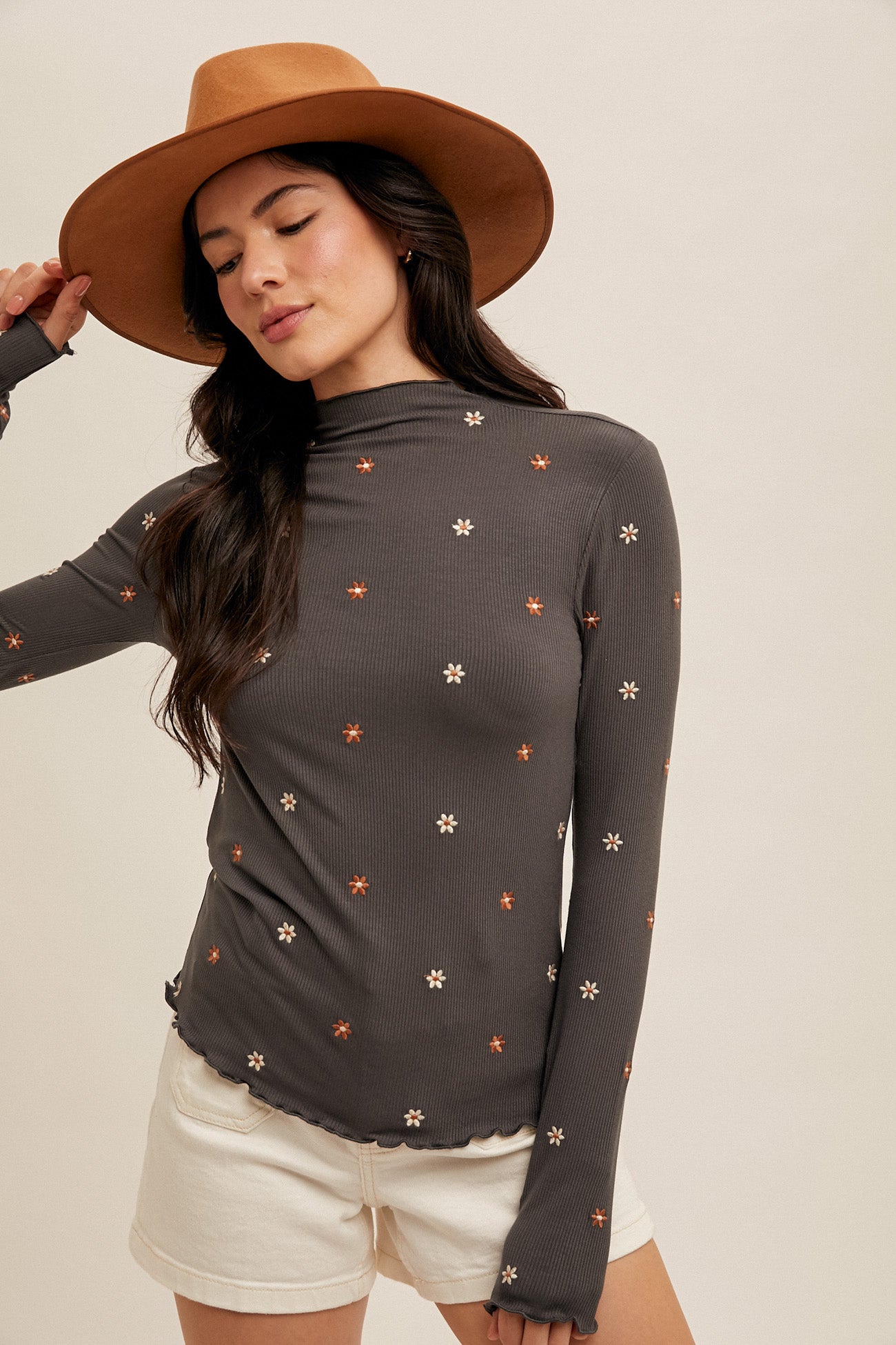 Embroidered Rib Mock Neck Cabbage Hem Top Charcoal