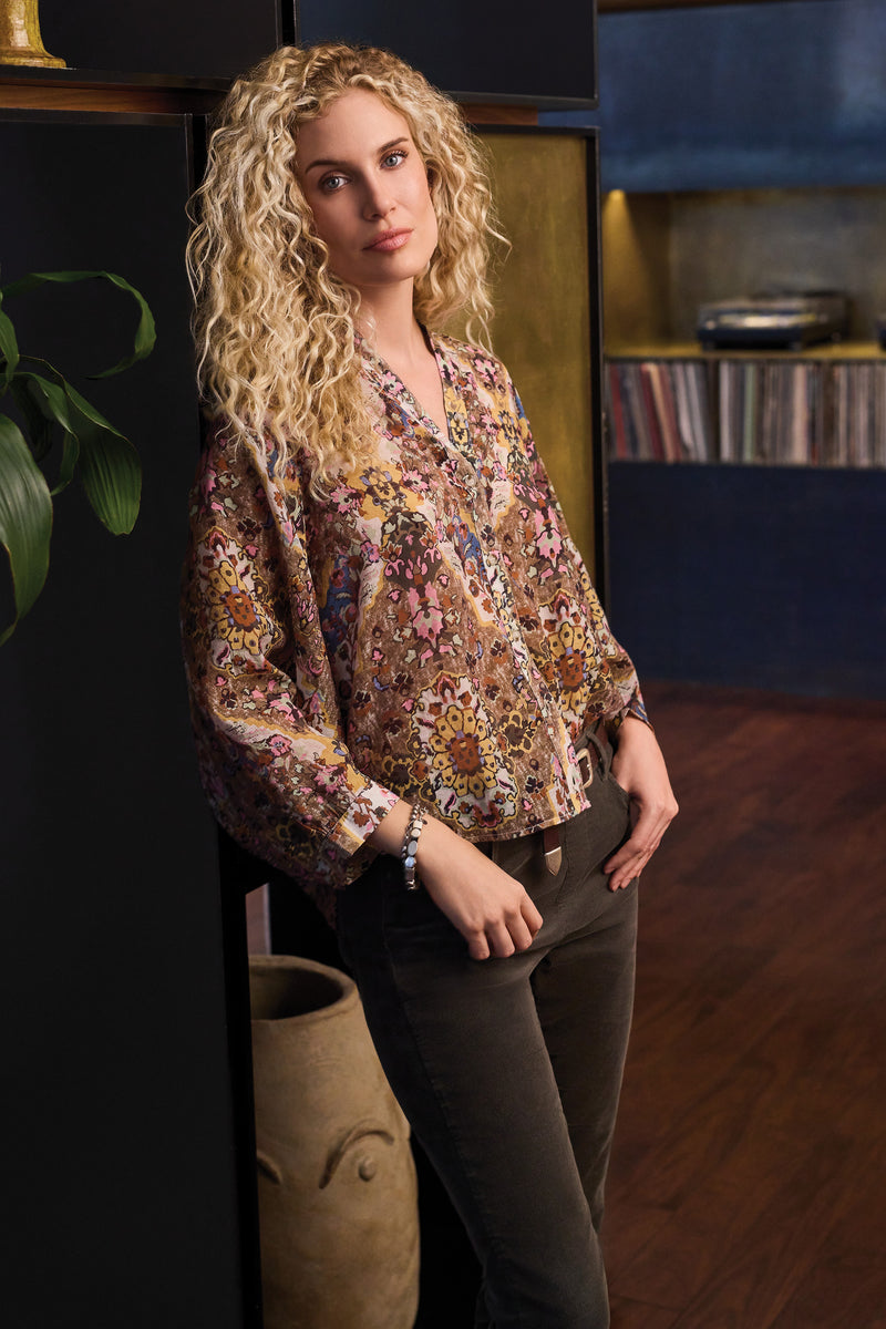 Printed Dolman Sleeve Button Down Blouse Grape Floral Mix