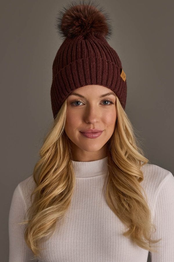 Solid Wide Ribbed Knit Pom Hat Brown