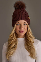 Solid Wide Ribbed Knit Pom Hat Brown