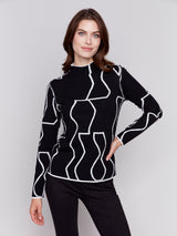 Gutsy Print Mock Neck Knit Sweater Black + Cream