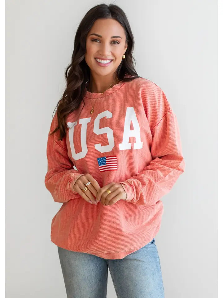 USA Acid Wash Corded Ribbed Sweatshirt Red