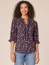 Ladder Crochet Floral 3/4 Sleeve Top Navy Multi