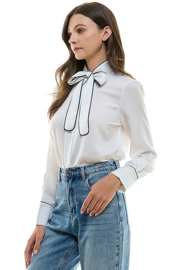 Button Front Ribbon Tie Front Contrast Trim Shirt Ivory + Black