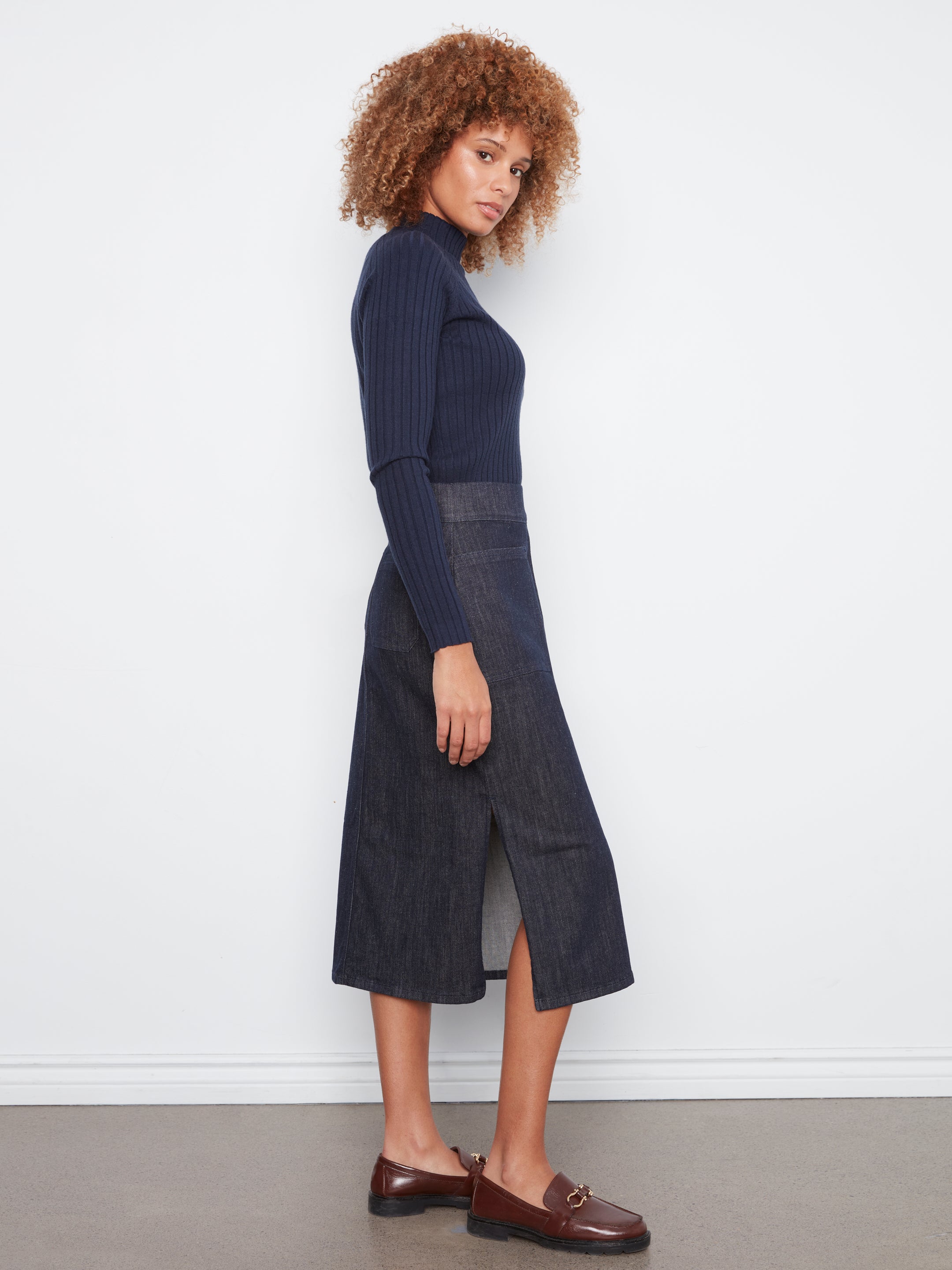 Pull On Patch Pocket Stretch Denim Midi Skirt Deep Blue