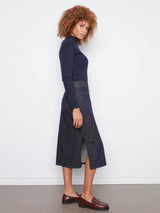 Pull On Patch Pocket Stretch Denim Midi Skirt Deep Blue