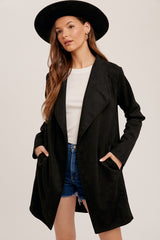 Drape Front Suede Coat Black