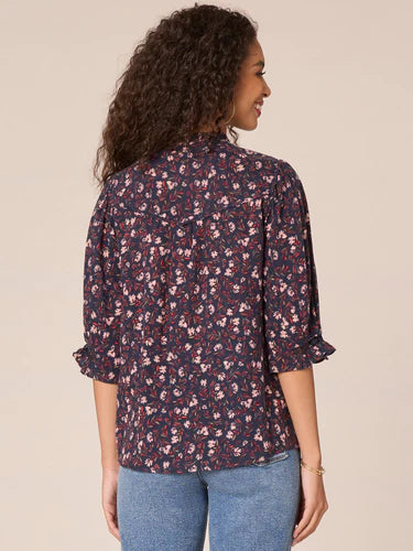 Ladder Crochet Floral 3/4 Sleeve Top Navy Multi