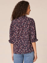 Ladder Crochet Floral 3/4 Sleeve Top Navy Multi