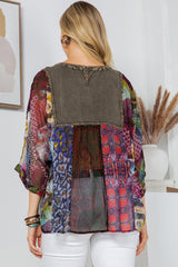 Ethnic Fusion Overdye Round Neck Dolman Top Gravel
