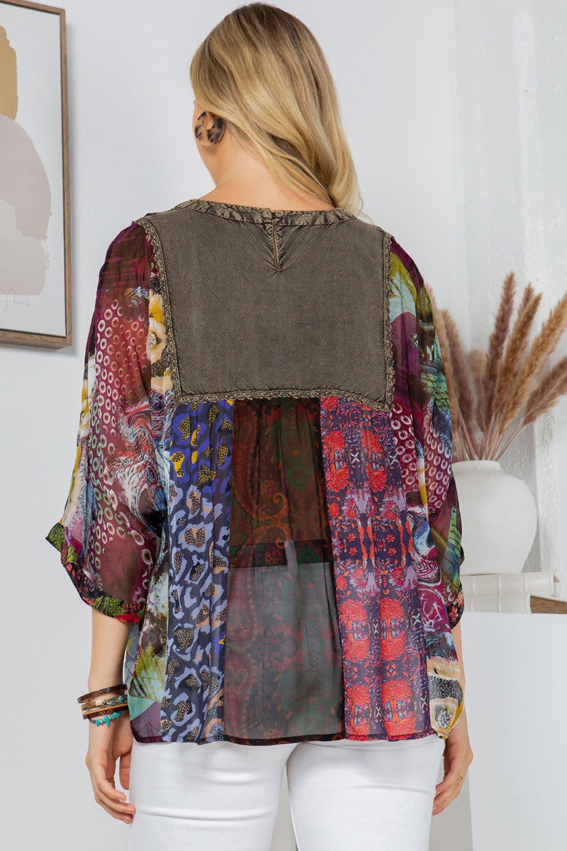 Ethnic Fusion Overdye Round Neck Dolman Top Gravel