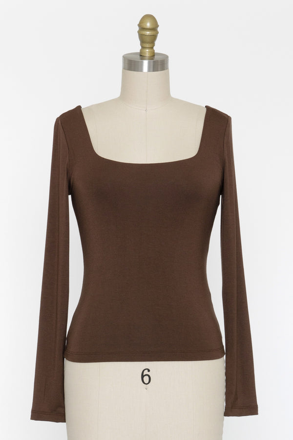 Square Neck Basic Layering Long Sleeve Light Brown