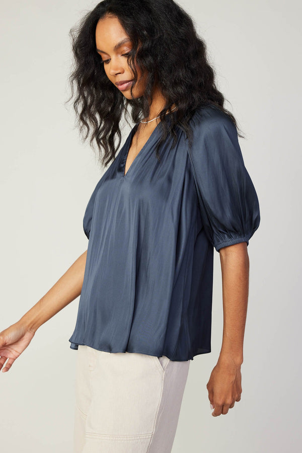 Gathered Detail Vneck Blouse Slate Navy