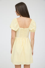Puff Sleeve Lace Trim Front Tie Mini Dress Light Yellow