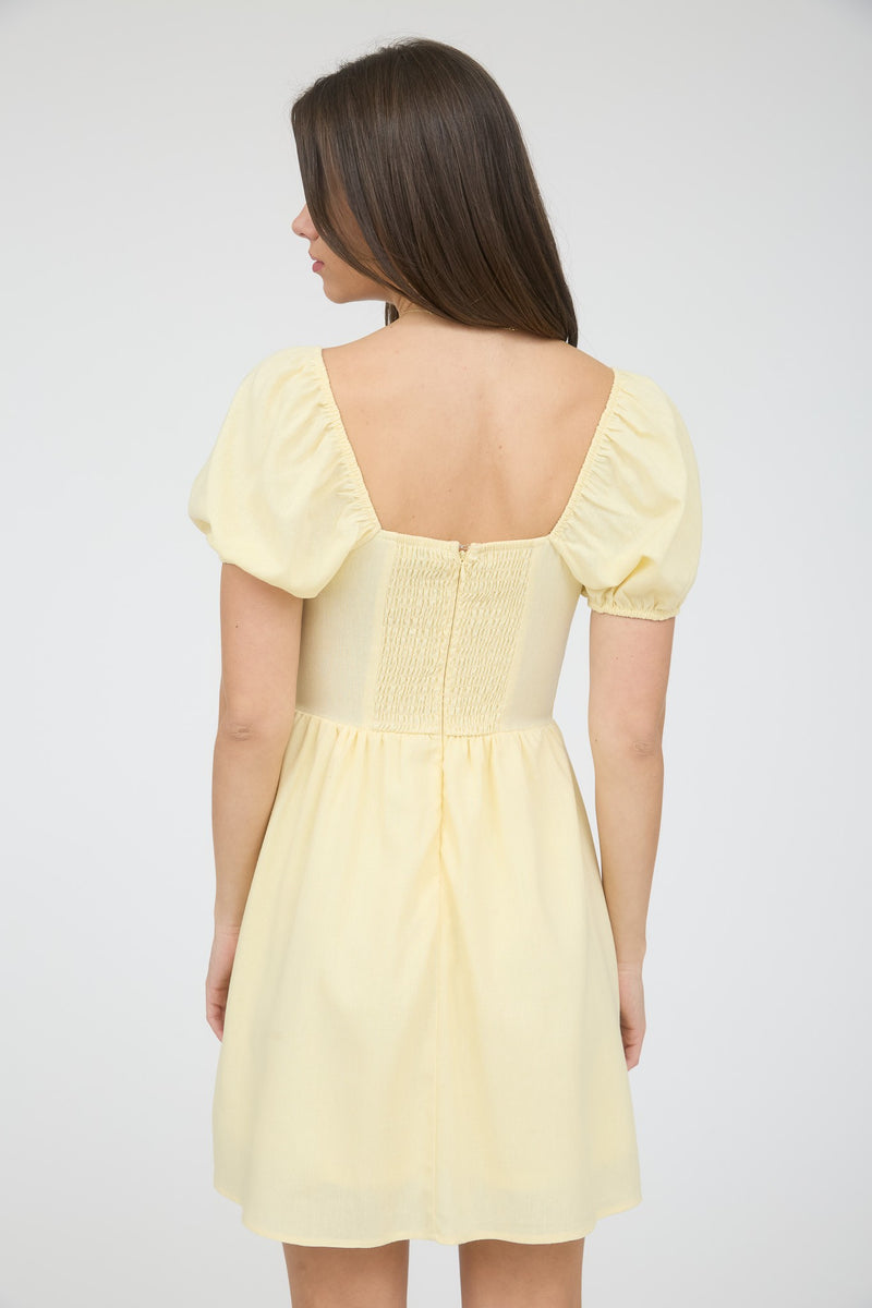 Puff Sleeve Lace Trim Front Tie Mini Dress Light Yellow