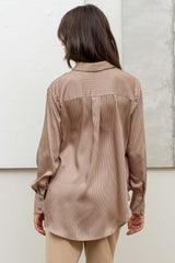 Pinstripe Button Up Woven Top Light Mocha