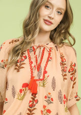 Vintage Botanicals Tassel Tie Boho Blouse Red Mix