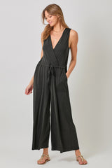 Modal Ribbed Surplice Tie Waist Jumpsuit Black`