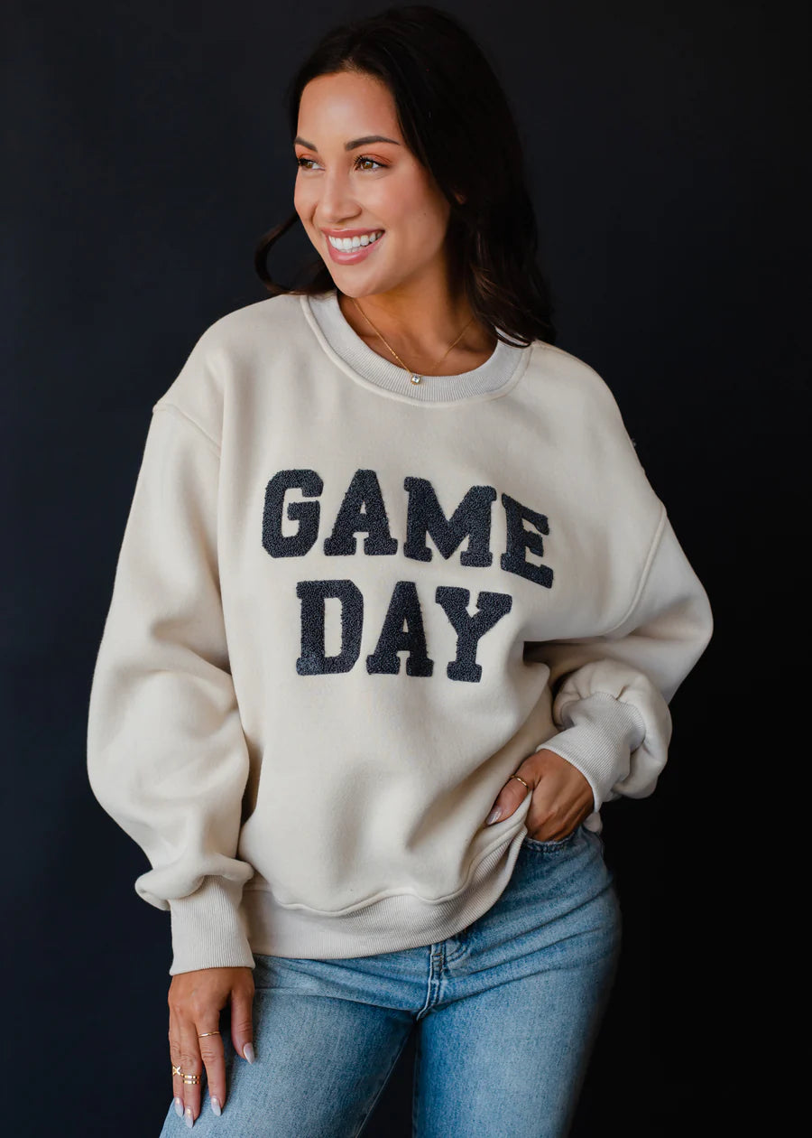 Textured Game Day Crew Neck Sweatshirt Tan + Slate